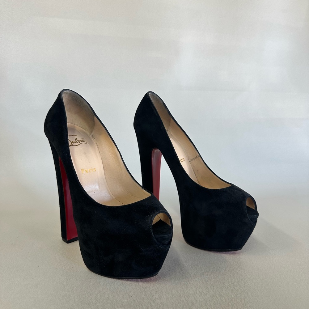 Christian Louboutin Black Suede Peep Toe Heels